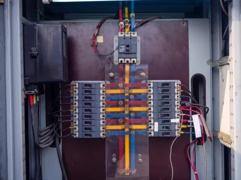 Electrical panel at a assembly line factory. Controls and switches. Stock Photos