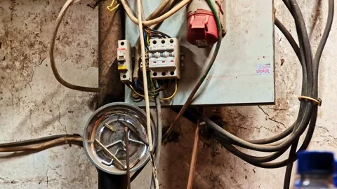 Electrical panel with exposed wiring and tools against a worn wall in a Vídeos de archivo 332684817