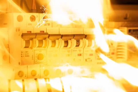 Electrical Panel Fire with Bright Flames Foto stock
