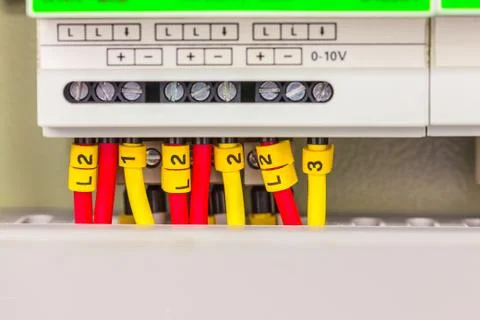 Electrical panel line, controls and switches, safety concept Stock Photos