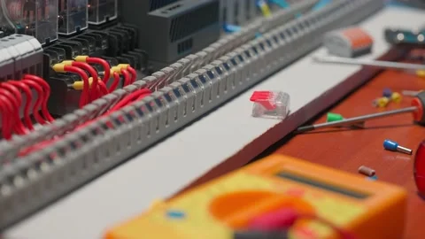 Electrical panel with many red and blue ... | Stock Video | Pond5
