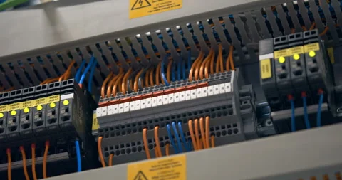 Electrical panel with many wires, electrical parts, automatic switches, fuses Stock Footage 147634235