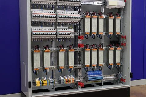 Electrical panel in a metal cabinet. Stock Photos