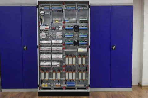 Electrical panel in a metal cabinet. Stock Photos
