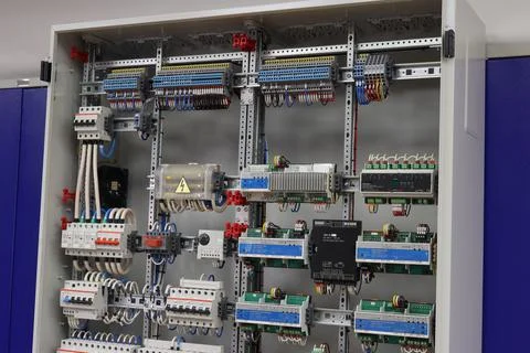 Electrical panel in a metal cabinet. Stock Photos