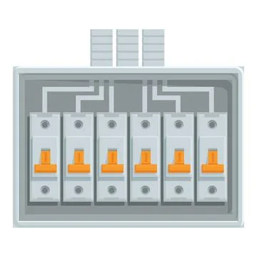 Electrical panel with six circuit breakers controlling power supply Illustrazione stock
