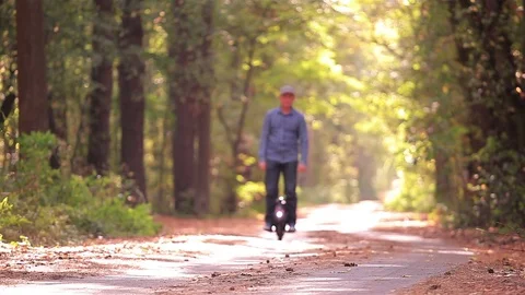  Electrical personal  transport. Man riding mono wheel in autumn park road.  Stock Footage 80542400