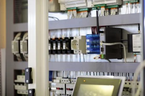 Electrical PLC control system cabinet Foto stock