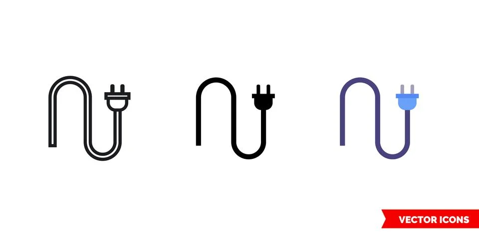 Electrical plug icon of 3 types color, black and white, outline. Isolated vec Stock Illustration
