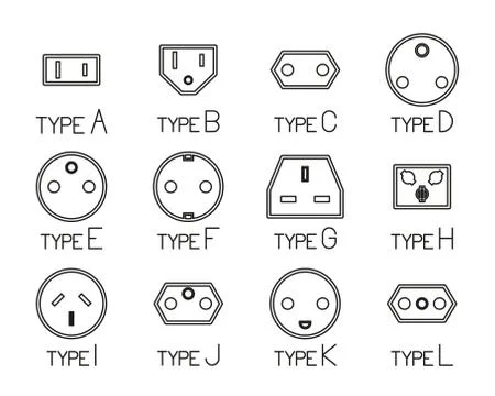 Electrical Plug Type Icons Black &amp; White Thin Line Set Big Stockillustratie