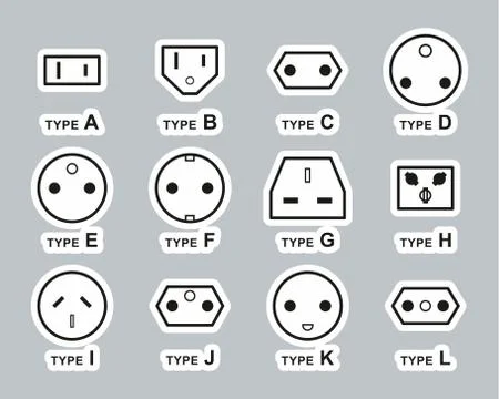 Electrical Plug Type Icons Black &amp; White Sticker Set Big Stock Illustration