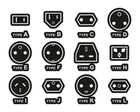 Electrical Plug Type Icons White On Black Sticker Set Big Stock Illustration