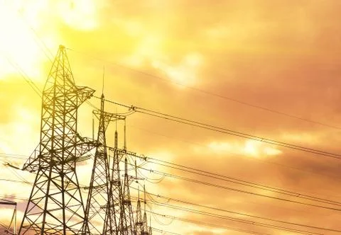 Electrical pole structure silhouette of high voltage Stock Photos