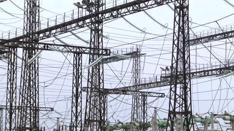 Electrical poles with wires and insulators at the electrical substation Video stock 95017619