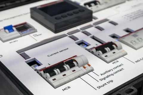 Electrical power control cabinet model, power distribution switch control pan Stock Photos