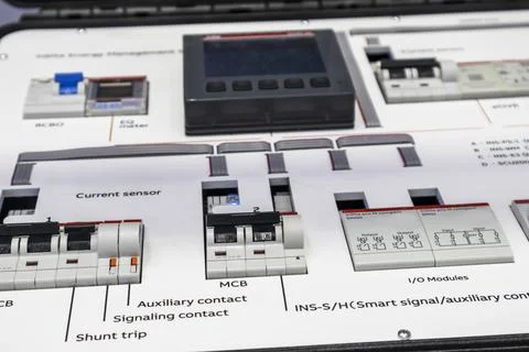 Electrical power control cabinet model, power distribution switch control pan Stock Photos