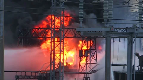 Electrical power grid explosion and fire at transformer station Stock Footage 36754223