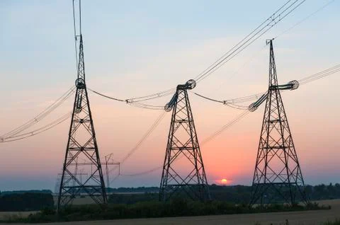 Electrical power lines and towers Stock Photos