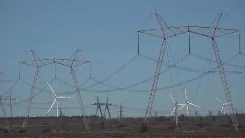 Electrical Power Lines and Wind Turbines Stock Footage 172058990