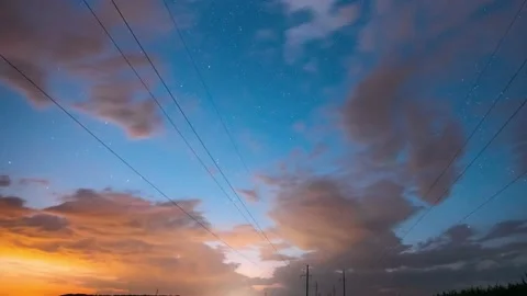 Electrical Power Lines In Starry Sky Background Time Lapse, TimeLapse, Time Stock Footage