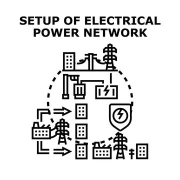 Electrical power network setup distributing energy consuming electricity Stock Illustration