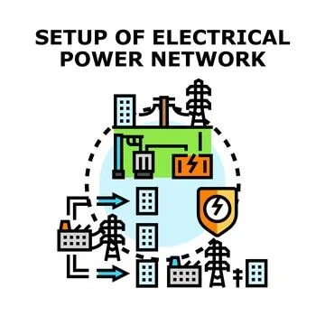 Electrical power network setup distributing energy consuming electricity Stock Illustration