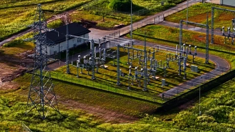 Electrical power station and high voltage power line for electricity Stock Footage 341743589