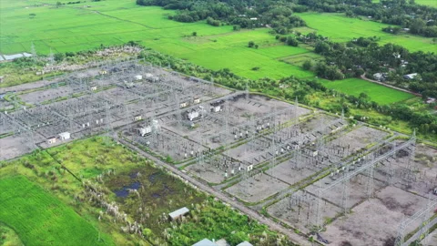 Electrical power station grid of high voltage power lines and wires Stock Footage 246955034