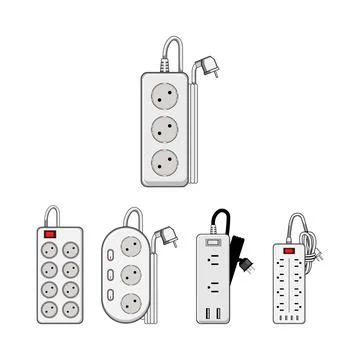 Electrical power strips with multiple outlets and plugs Stock Illustration