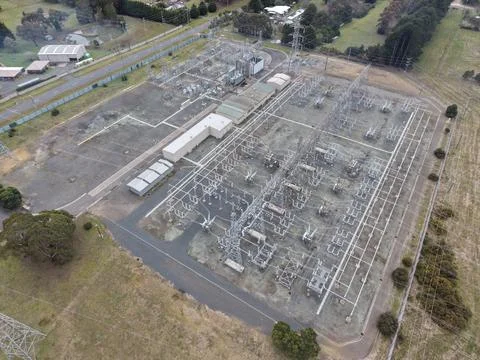 Electrical power substation distributing energy to the grid Stock Photos