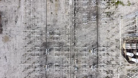 Electrical power substation high voltage grid aerial view Stock Footage 342327624