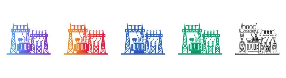 Electrical Power Substation Icons in Gradient and Outline Stock Illustration