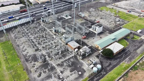 Electrical power substation infrastructure aerial view Stock Footage 342327611