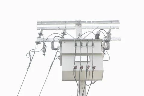 Electrical power transformer on pole isolated Stock Photos