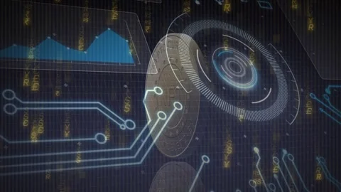 Electrical pulse starting NFT coin rotating, HUD rings pulsing and circuits Stock Footage 329470615