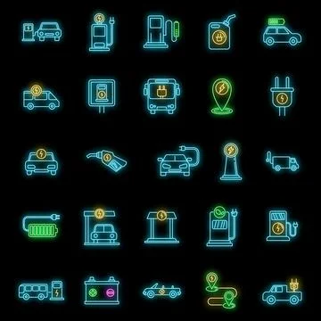 Electrical refueling car icons set vector neon Stock Illustration
