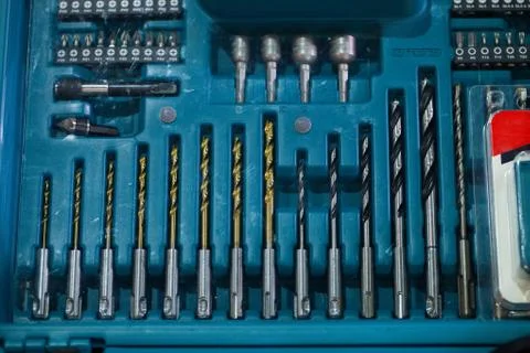 Electrical repair tools, drill bits and drill bits, drill bit set. Stock Photos