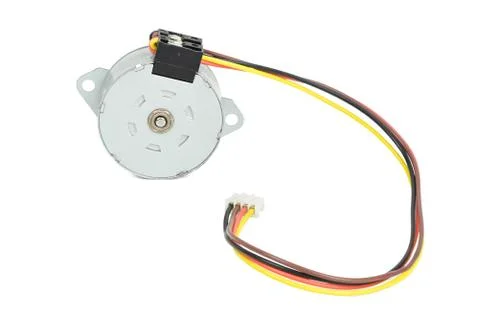 Electrical round stepping / stepper motor with wires isolated on white backgr Stock Photos