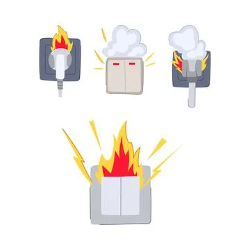 Electrical safety hazards causing fires and short circuits Stock Illustration