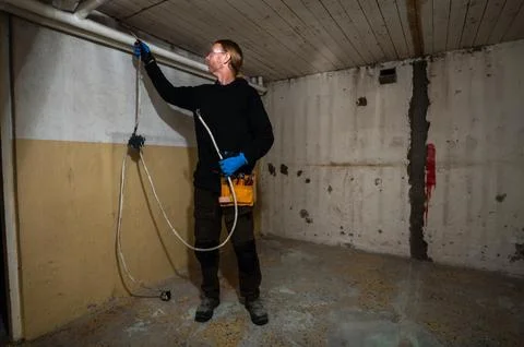 Electrical securing electrical cable along ceiling Stock Photos