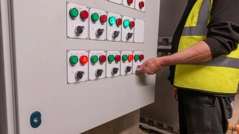 Electrical service engineer testing control panel faults in an HVAC panel Stock Photos