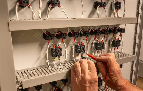 Electrical service engineer testing panel switches in an HVAC control panel Foto stock