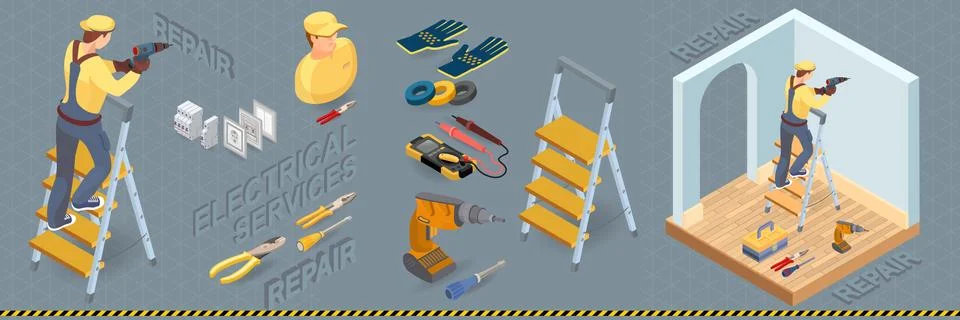 Electrical services. Isometric concept. Worker and equipment. Illustrazione stock
