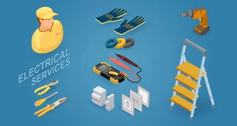 Electrical services. Worker and equipment isometric icon. Vector illustration Stock Illustration