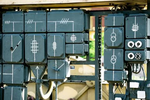 Electrical shield, old switchboard. Many different boxes with wires Stock Photos