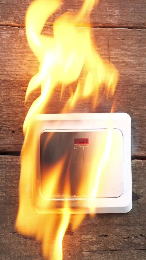 Electrical short circuit causing a power outlet to burst into flames. Overloaded Stockbeeldmateriaal 341579507