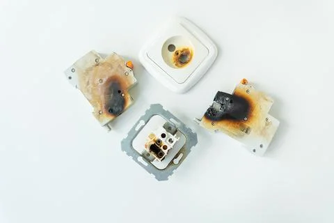 Electrical short circuit. Failure caused by burning wire and rosettes socket  Stock Photos