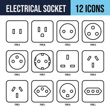 Electrical socket icons set showing twelve different plug types A, B, C, D,.. Stock Illustration