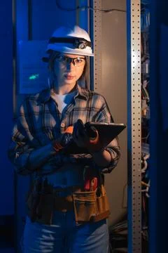 Electrical specialist using tablet near industrial switchboard panel. Techn.. Stock Photos