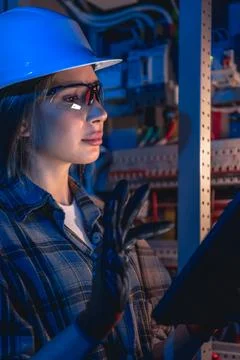 Electrical specialist working with tablet during system inspection. Enginee.. Stock Photos